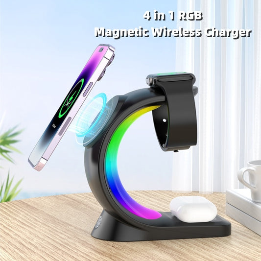 Smart 4 In 1 Magnetic Wireless Fast Charger For Smart Phone Atmosphere Light Charging Station For Airpods Pro I-phone Watch